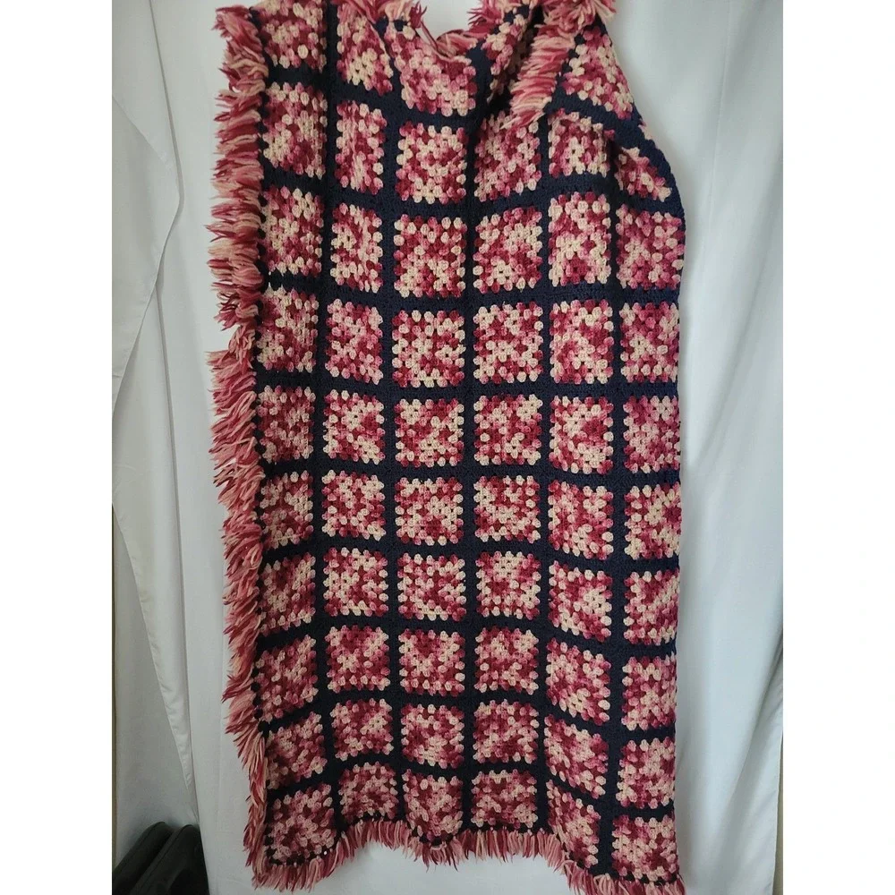 Vintage Handmade Granny Square Crocheted Afghan Throw Blanket Fringe Pink Blue